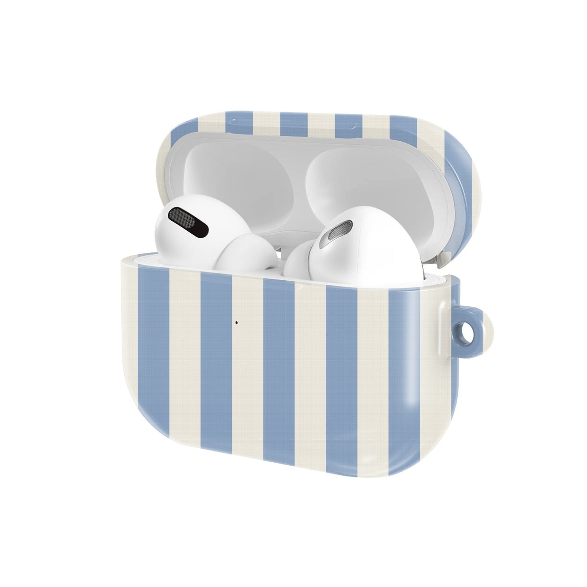 Dusty Blue Stripe AirPods case — open angled view