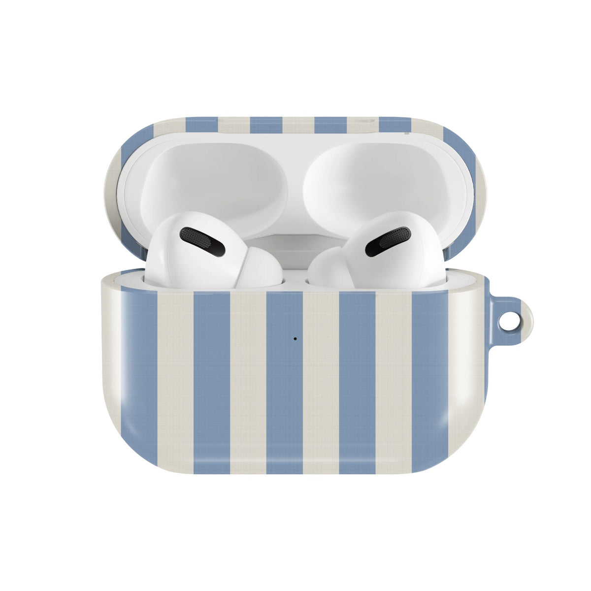 Dusty Blue Stripe AirPods case — open front view