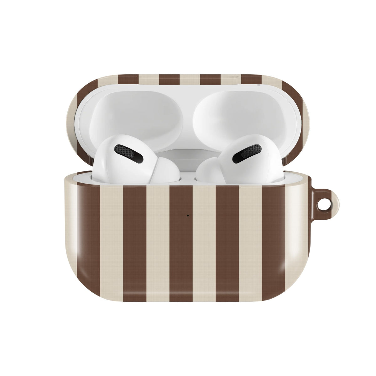 Mocha Cream Stripe AirPods case — open front view