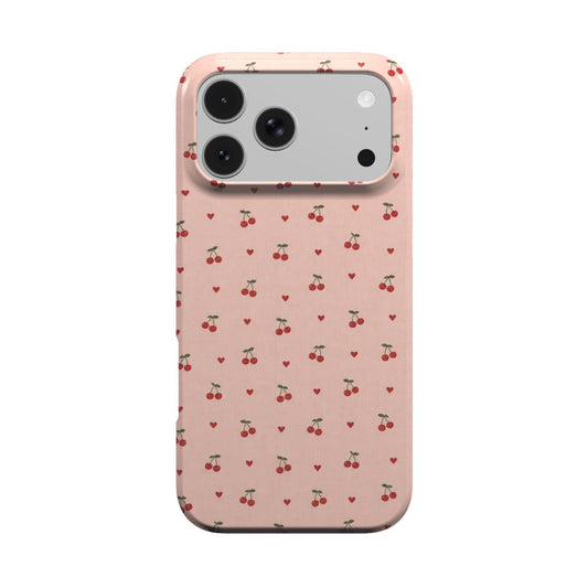 Cherries & Hearts phone case — little red cherries and hearts on blush pink, MagSafe iPhone case, front view