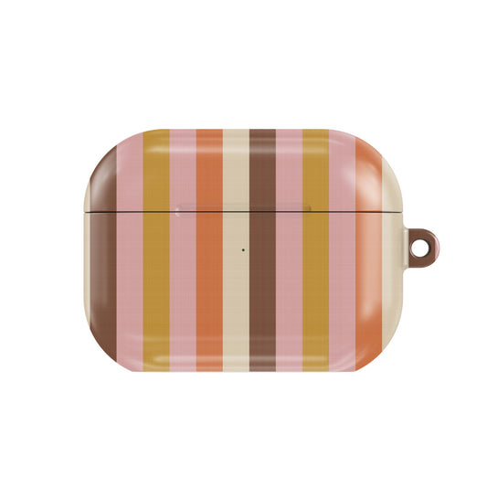 Retro Candy Stripe AirPods case — retro stripes in orange, pink, mustard and brown, closed front view