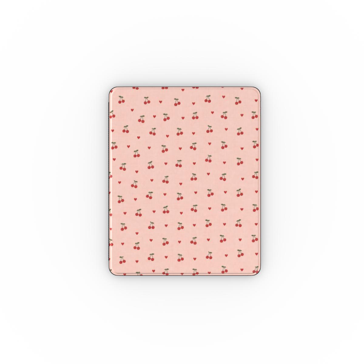 Cherries & Hearts iPad case — little red cherries and hearts on blush pink