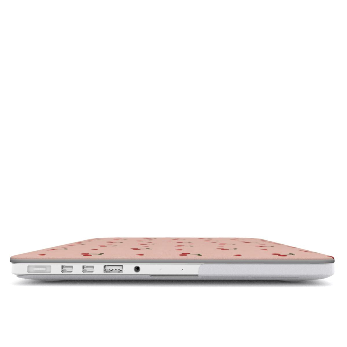 Cherries & Hearts MacBook case — hard-shell laptop cover, side view with ports