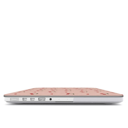 Cherries & Hearts MacBook case — hard-shell laptop cover, side view with ports
