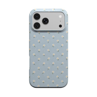 Ditsy Daisy Blue phone case — tiny white daisies on powder blue, MagSafe iPhone case, front view