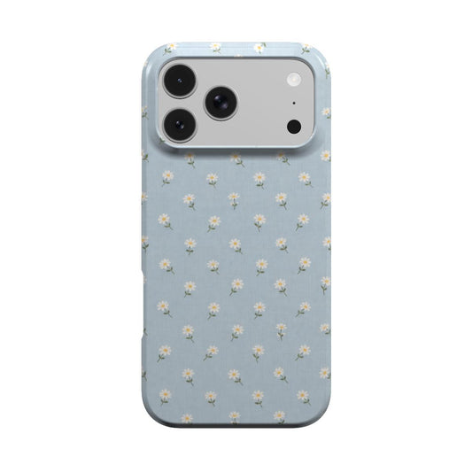 Ditsy Daisy Blue phone case — tiny white daisies on powder blue, MagSafe iPhone case, front view