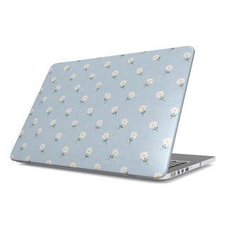 Ditsy Daisy Blue MacBook case — tiny white daisies on powder blue, hard-shell laptop cover, angled lid view