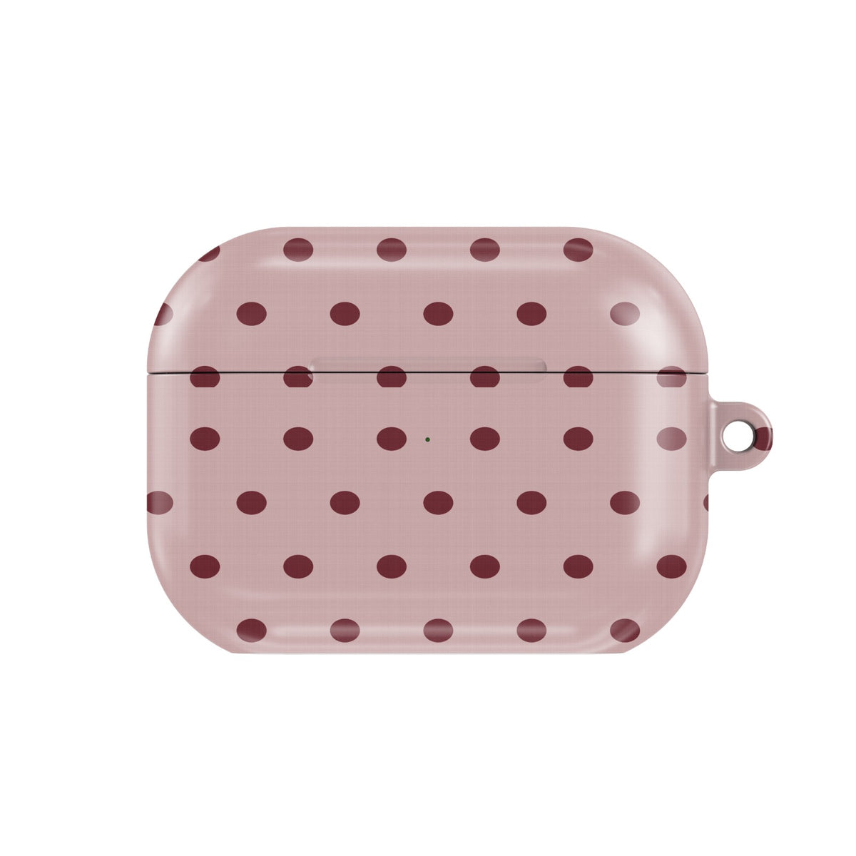 Dusty Rose Polka Dot AirPods case — burgundy polka dots on dusty rose, closed front view