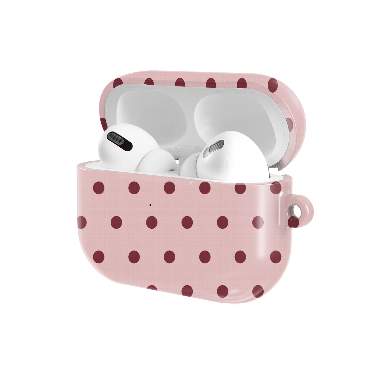 Dusty Rose Polka Dot AirPods case — open angled view