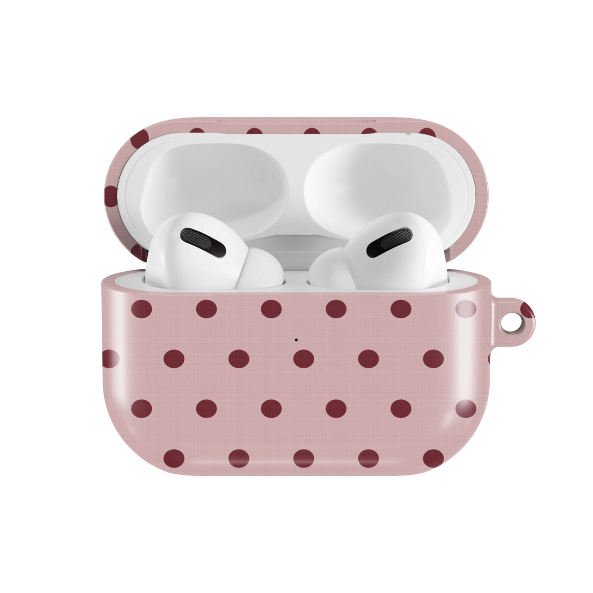 Dusty Rose Polka Dot AirPods case — open front view