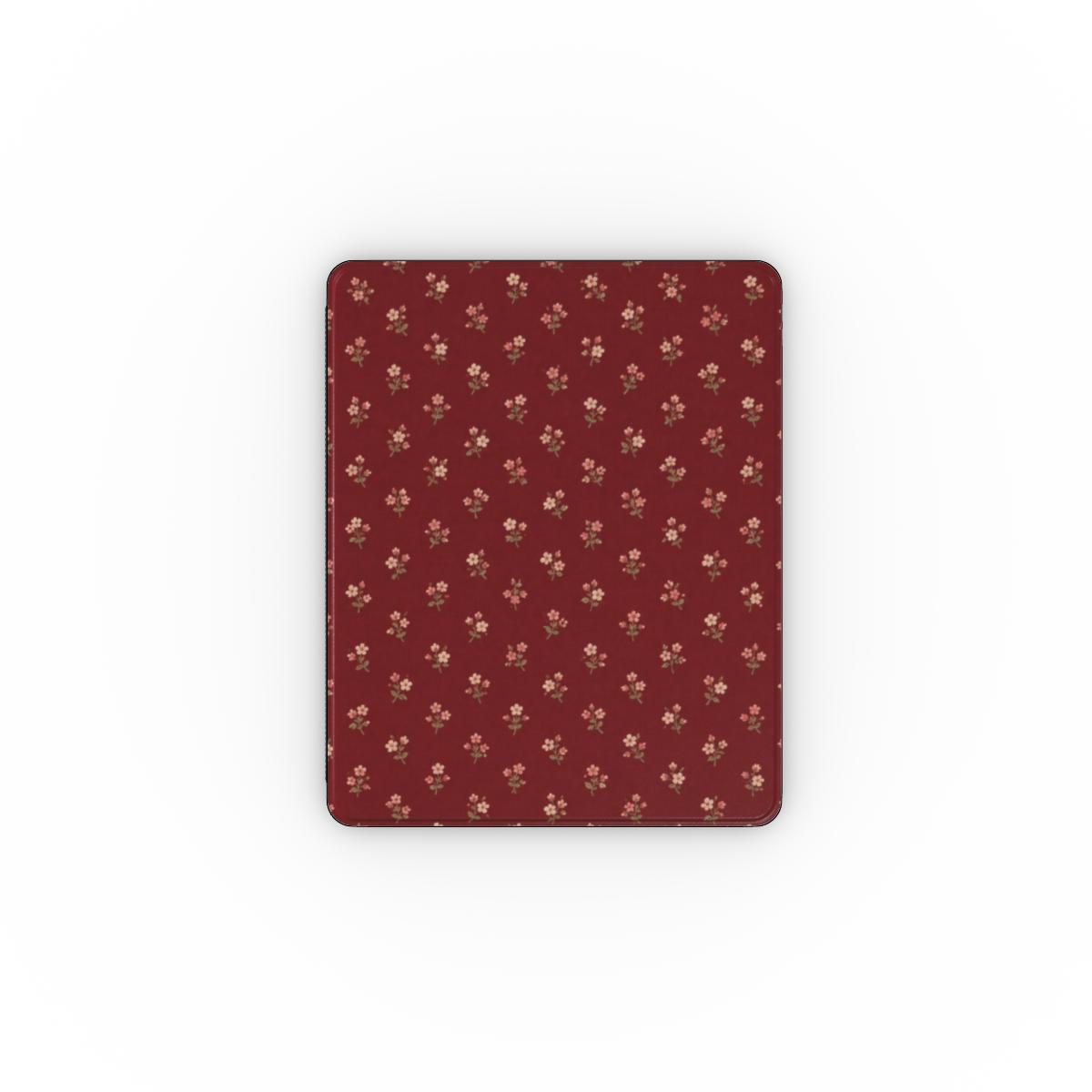 Burgundy Ditsy Floral iPad case — tiny cream flower sprigs on deep burgundy