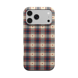Heart Plaid phone case — navy, red and cream plaid with tiny hearts, MagSafe iPhone case, front view
