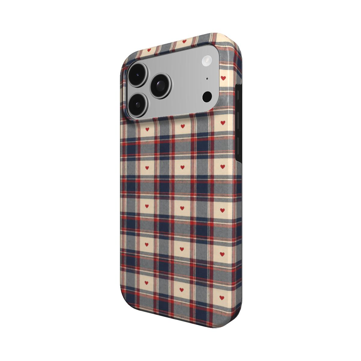 Heart Plaid phone case — MagSafe iPhone case, angled view
