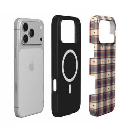 Heart Plaid phone case — MagSafe iPhone case, shell and liner views