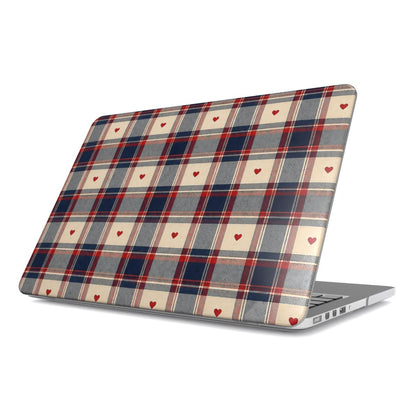 Heart Plaid MacBook case — navy, red and cream plaid with tiny hearts, hard-shell laptop cover, angled lid view
