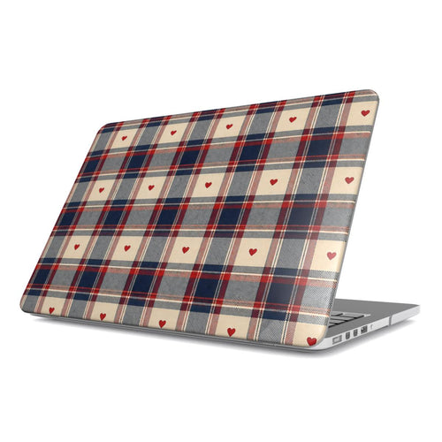 Heart Plaid MacBook case — navy, red and cream plaid with tiny hearts, hard-shell laptop cover, angled lid view