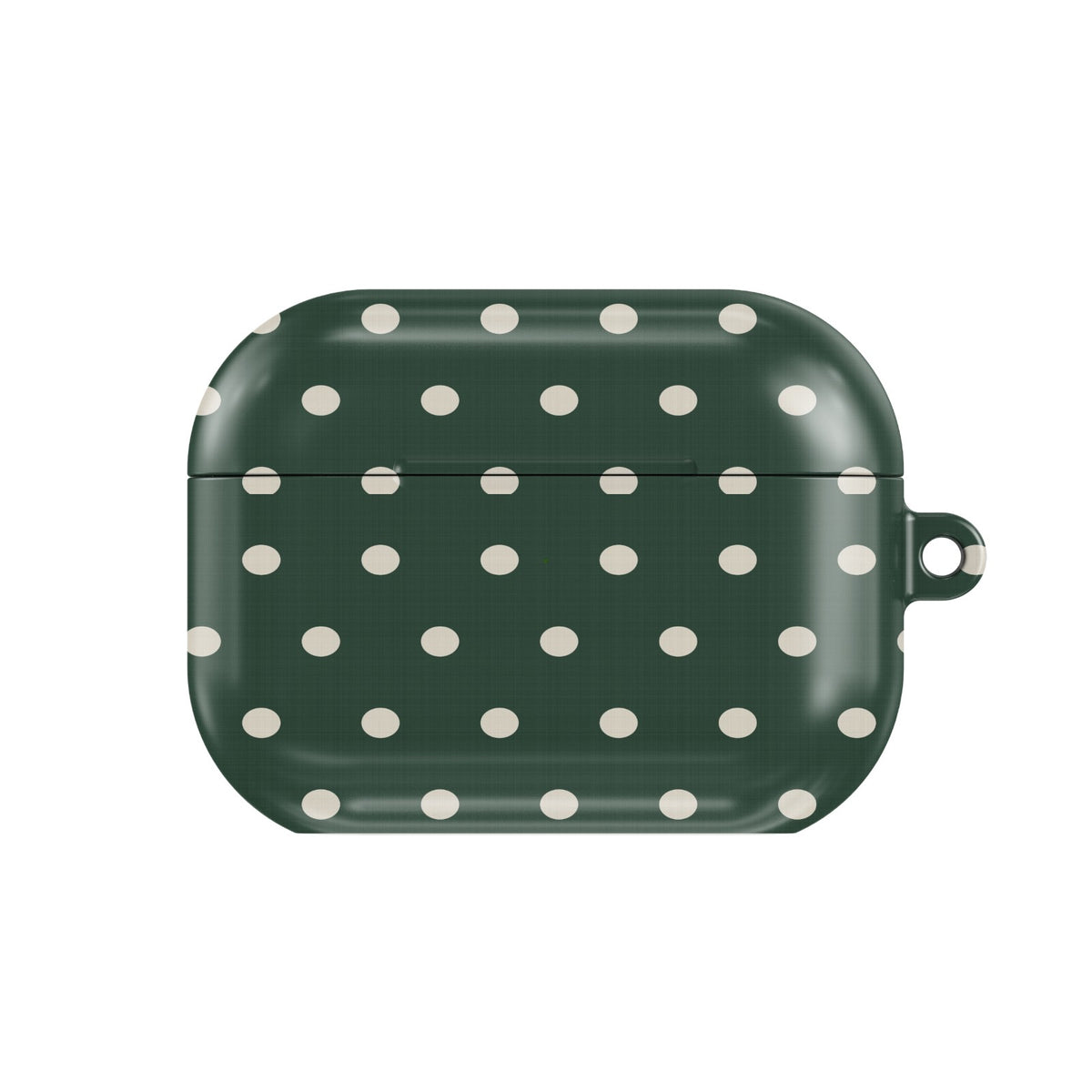Forest Green Polka Dot AirPods case — cream polka dots on deep forest green, closed front view
