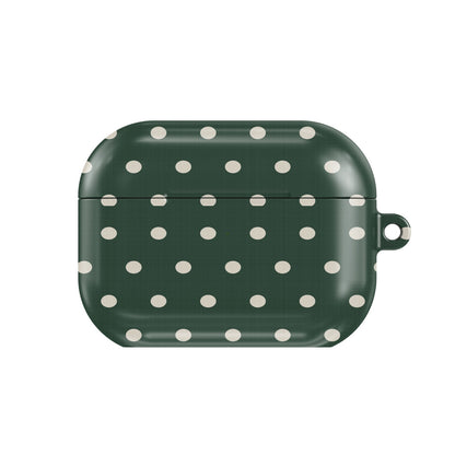 Forest Green Polka Dot AirPods case — cream polka dots on deep forest green, closed front view