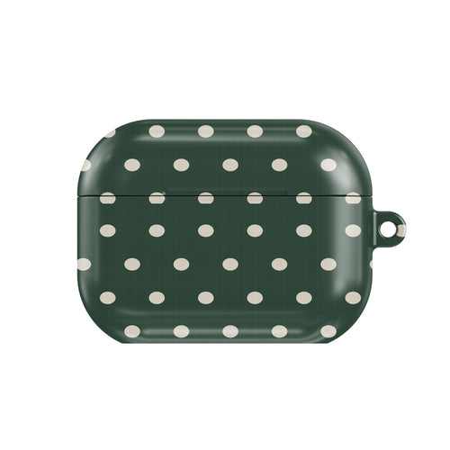 Forest Green Polka Dot AirPods case — cream polka dots on deep forest green, closed front view