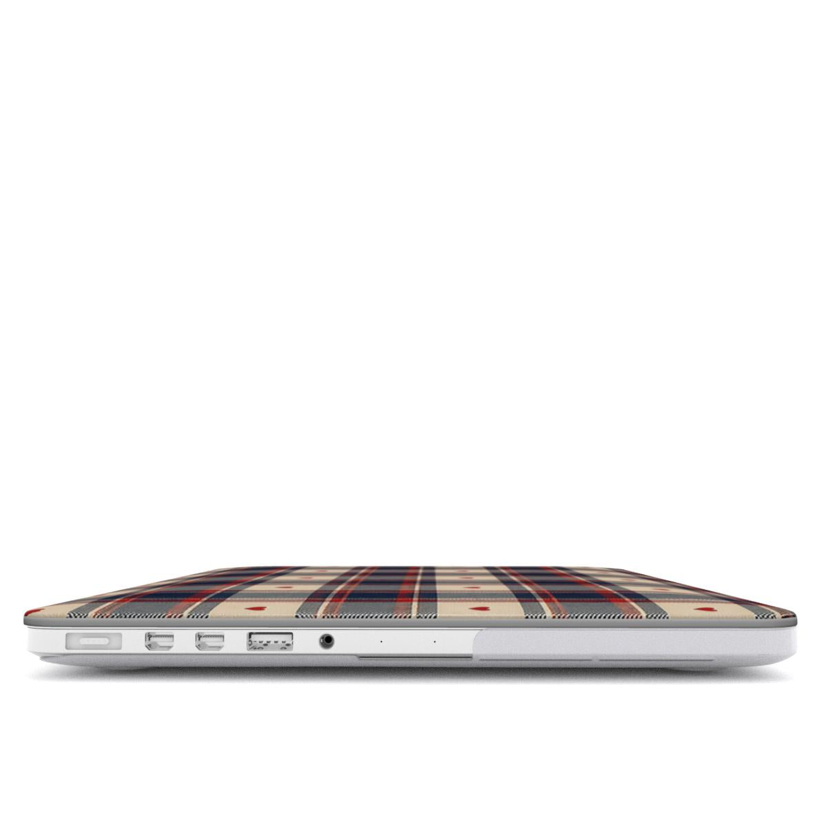 Heart Plaid MacBook case — hard-shell laptop cover, side view with ports