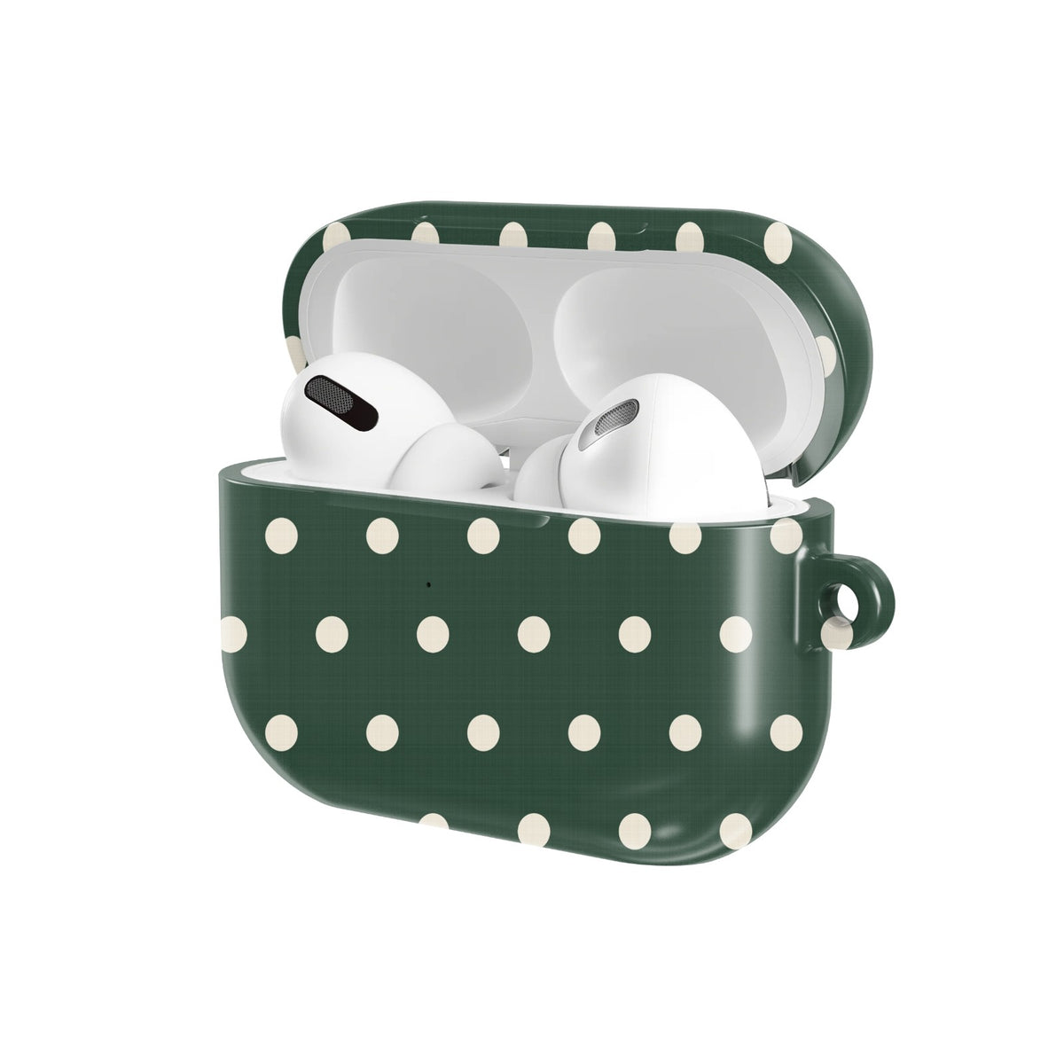 Forest Green Polka Dot AirPods case — open angled view