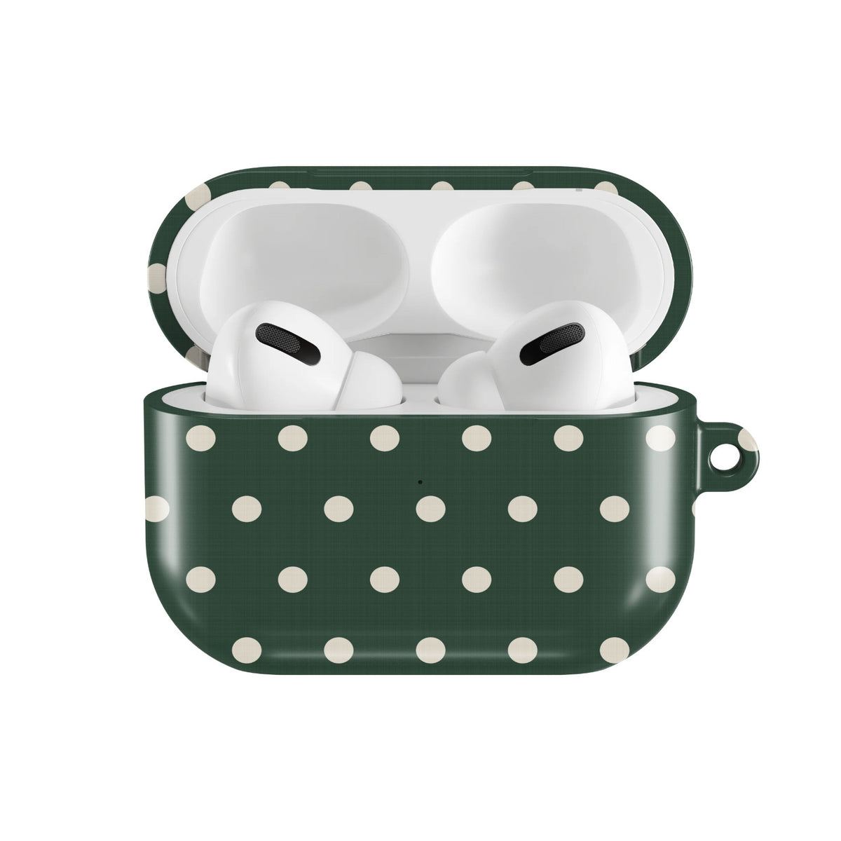 Forest Green Polka Dot AirPods case — open front view