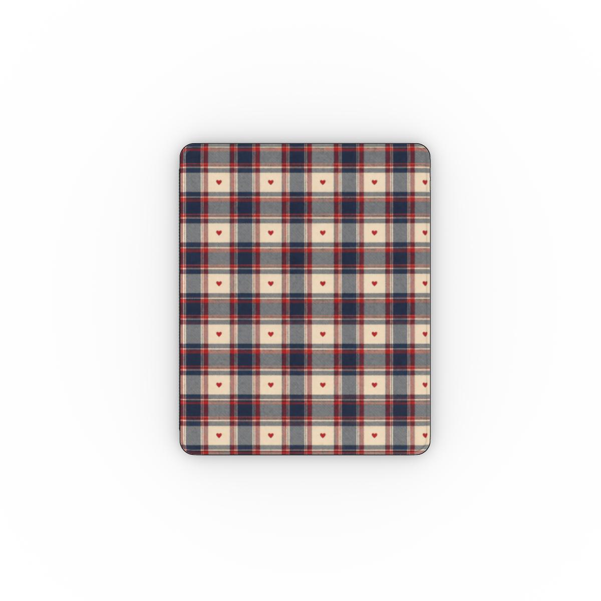 Heart Plaid iPad case — navy, red and cream plaid with tiny hearts
