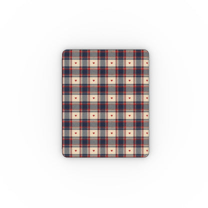 Heart Plaid iPad case — navy, red and cream plaid with tiny hearts