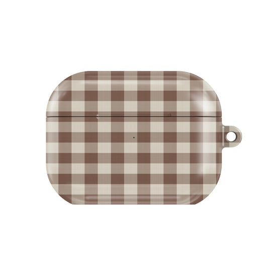 Brown Gingham AirPods case — mocha brown and cream gingham, closed front view