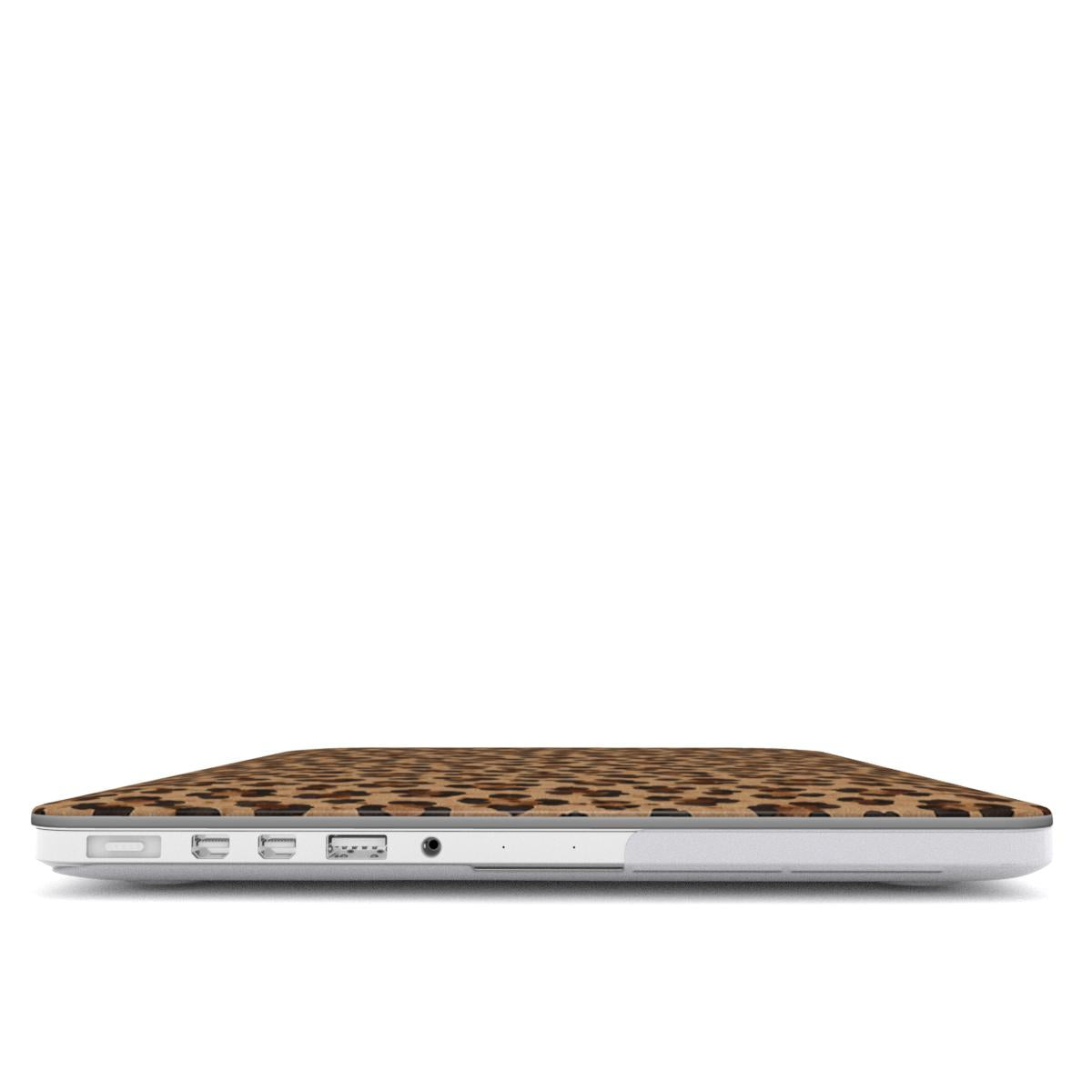 Classic Leopard MacBook case — hard-shell laptop cover, side view with ports