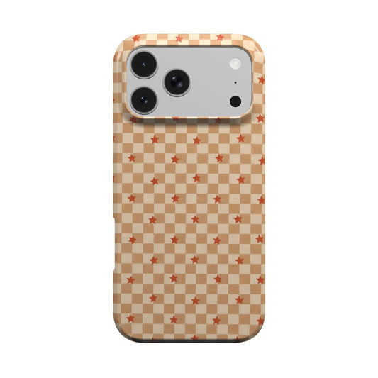 Checkered Stars phone case — caramel and cream checkerboard with little red stars, MagSafe iPhone case, front view