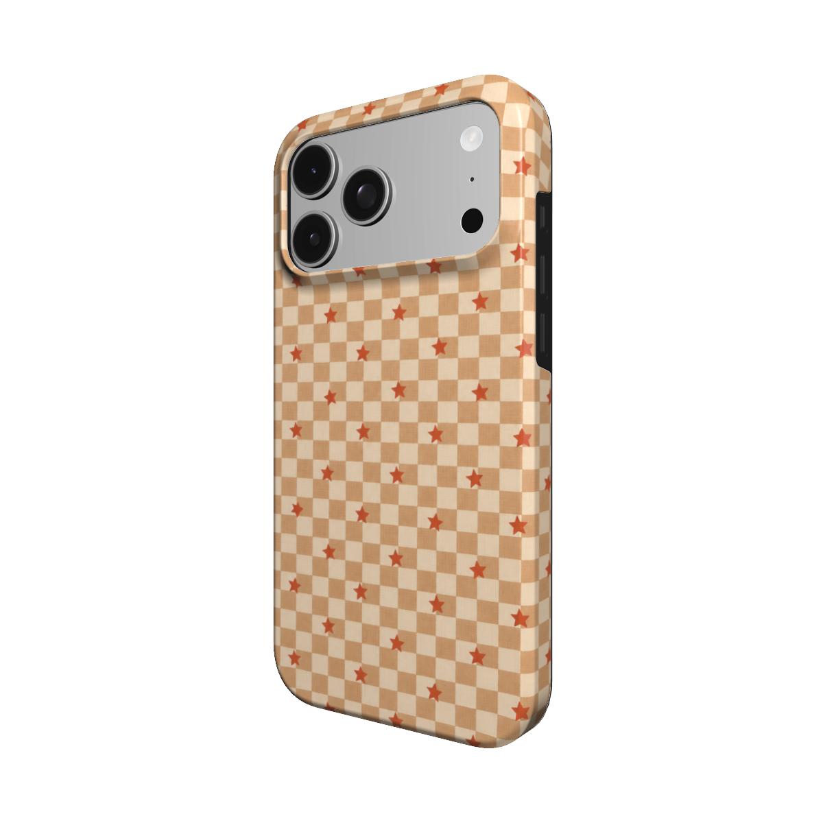 Checkered Stars phone case — MagSafe iPhone case, angled view
