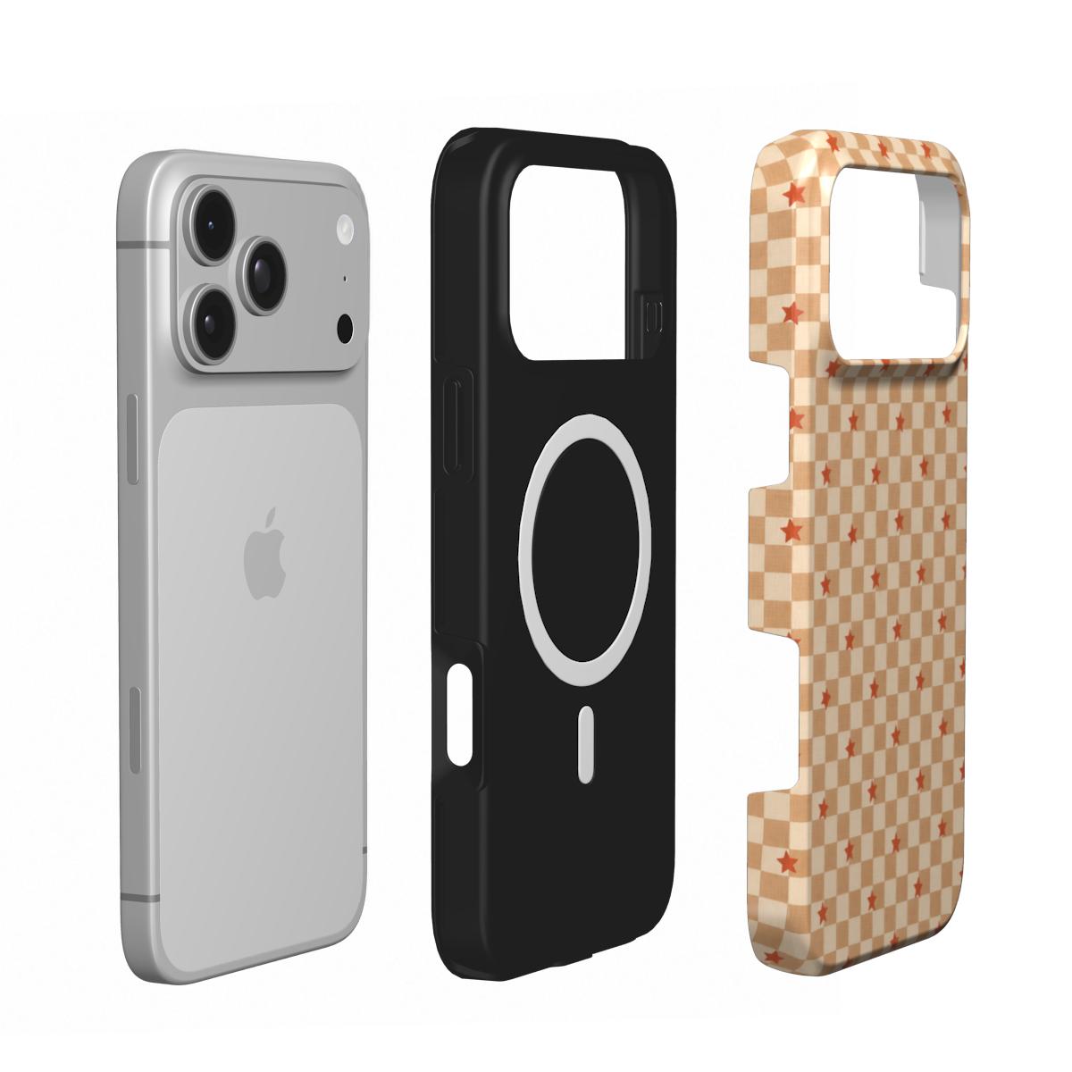 Checkered Stars phone case — MagSafe iPhone case, shell and liner views