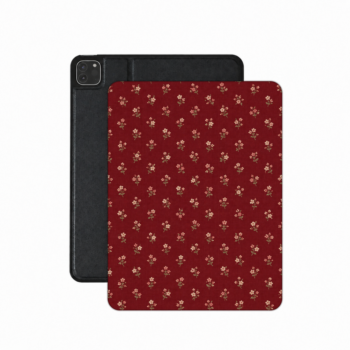 Burgundy Ditsy Floral iPad case — tiny cream flower sprigs on deep burgundy