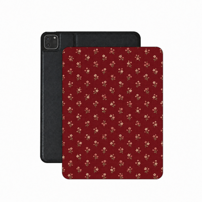 Burgundy Ditsy Floral iPad case — tiny cream flower sprigs on deep burgundy