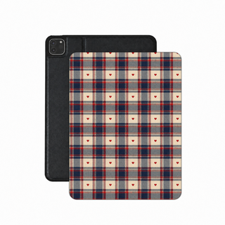 Heart Plaid iPad case — navy, red and cream plaid with tiny hearts
