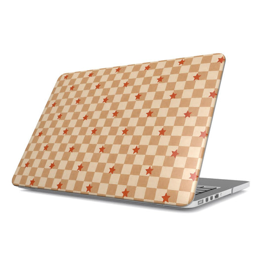 Checkered Stars MacBook case — caramel and cream checkerboard with little red stars, hard-shell laptop cover, angled lid view