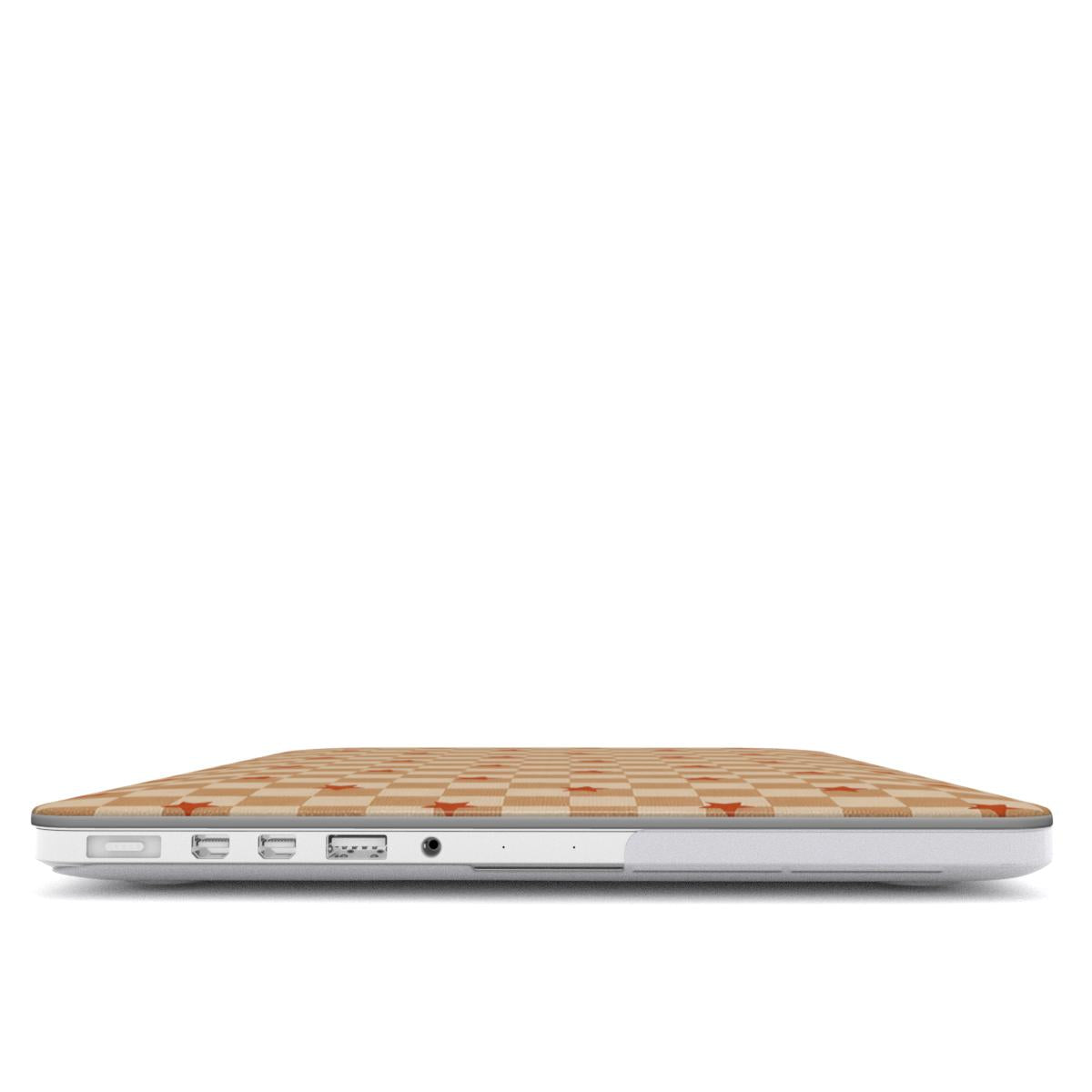Checkered Stars MacBook case — hard-shell laptop cover, side view with ports