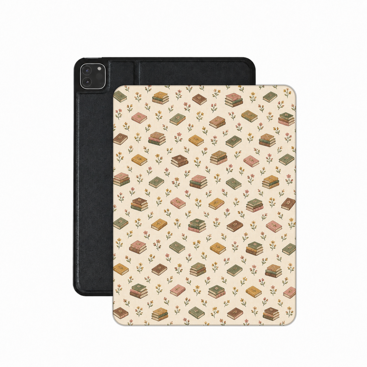 Tiny Books iPad case — little stacks of vintage books and wildflowers on cream