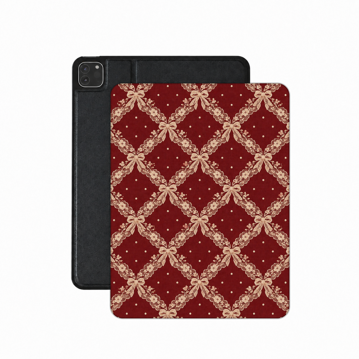 Burgundy Lace iPad case — blush lace trellis with ribbon bows on burgundy