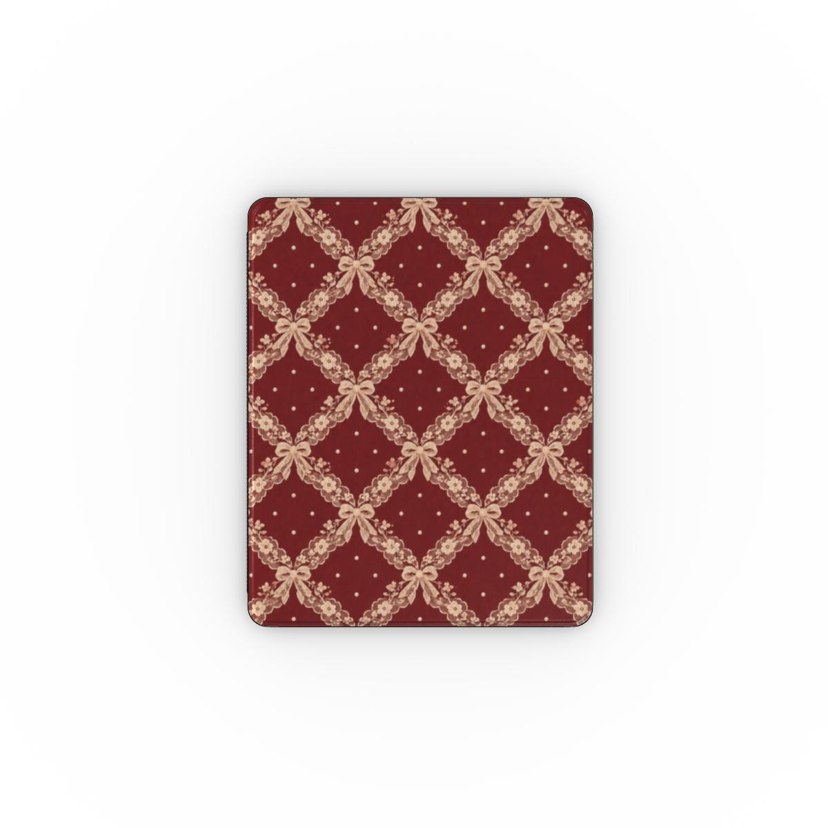 Burgundy Lace iPad case — blush lace trellis with ribbon bows on burgundy