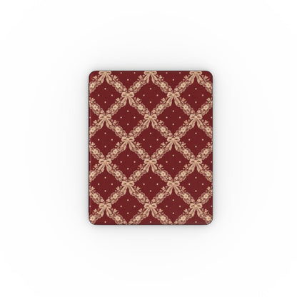 Burgundy Lace iPad case — blush lace trellis with ribbon bows on burgundy