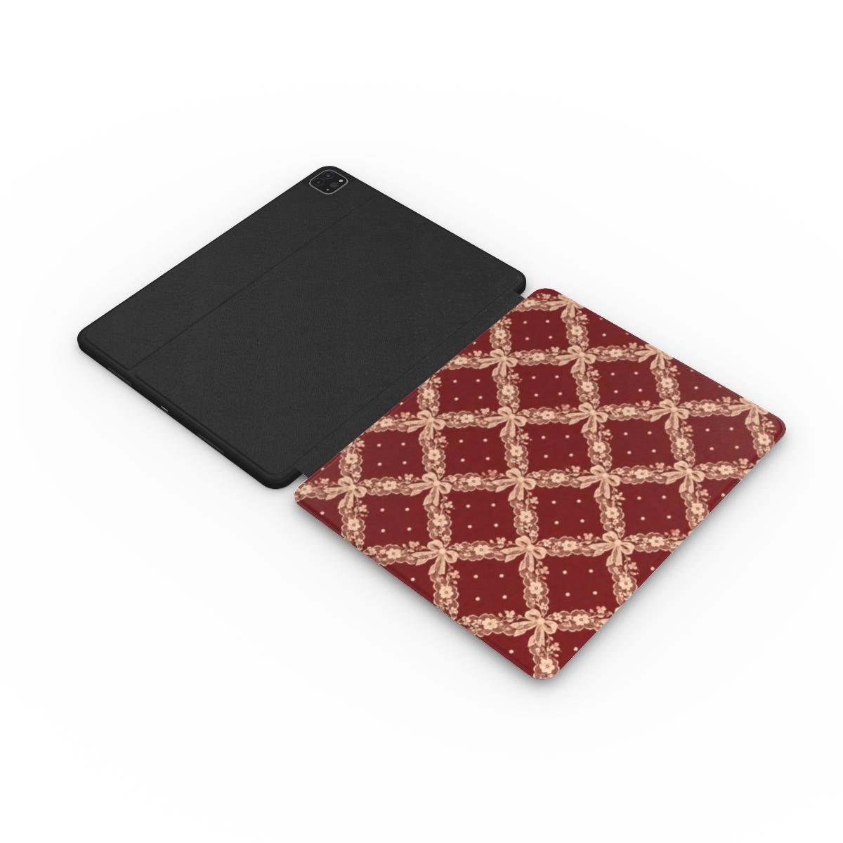Burgundy Lace iPad case opened flat — printed front cover with plain black interior