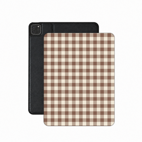 Brown Gingham iPad case — mocha brown and cream gingham