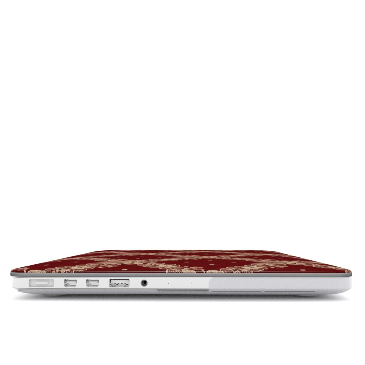 Burgundy Lace MacBook case — hard-shell laptop cover, side view with ports