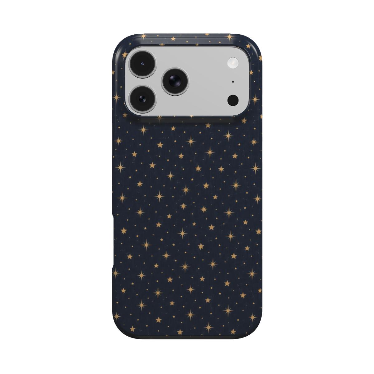 Gold Stars Navy phone case — tiny gold stars on deep midnight navy, MagSafe iPhone case, front view