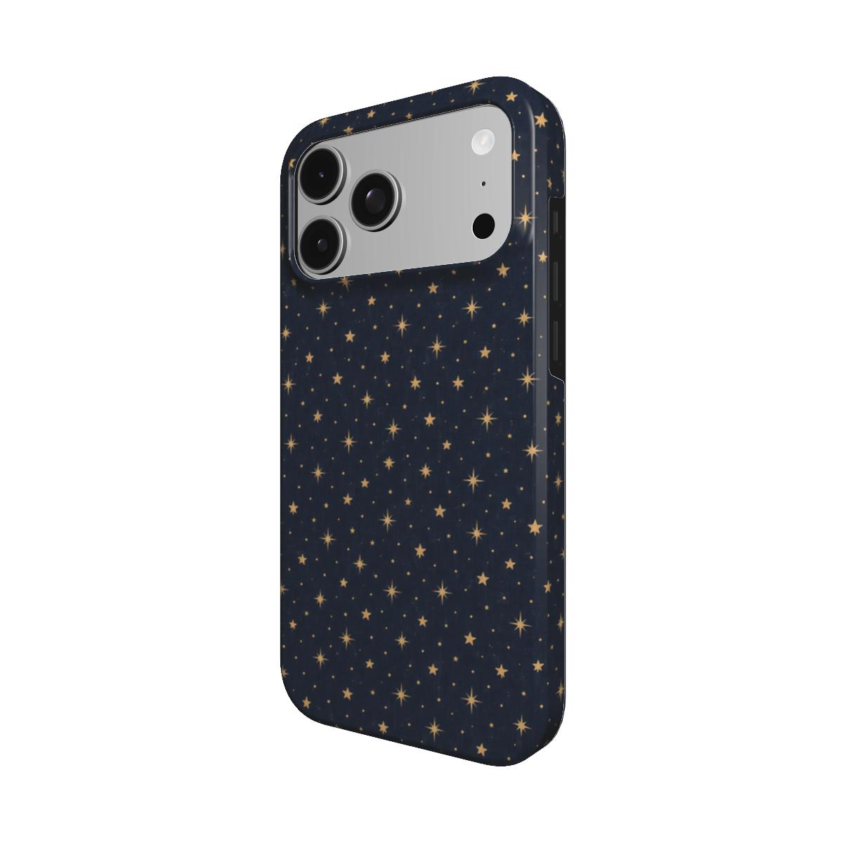 Gold Stars Navy phone case — MagSafe iPhone case, angled view