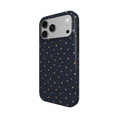 Gold Stars Navy phone case — MagSafe iPhone case, angled view