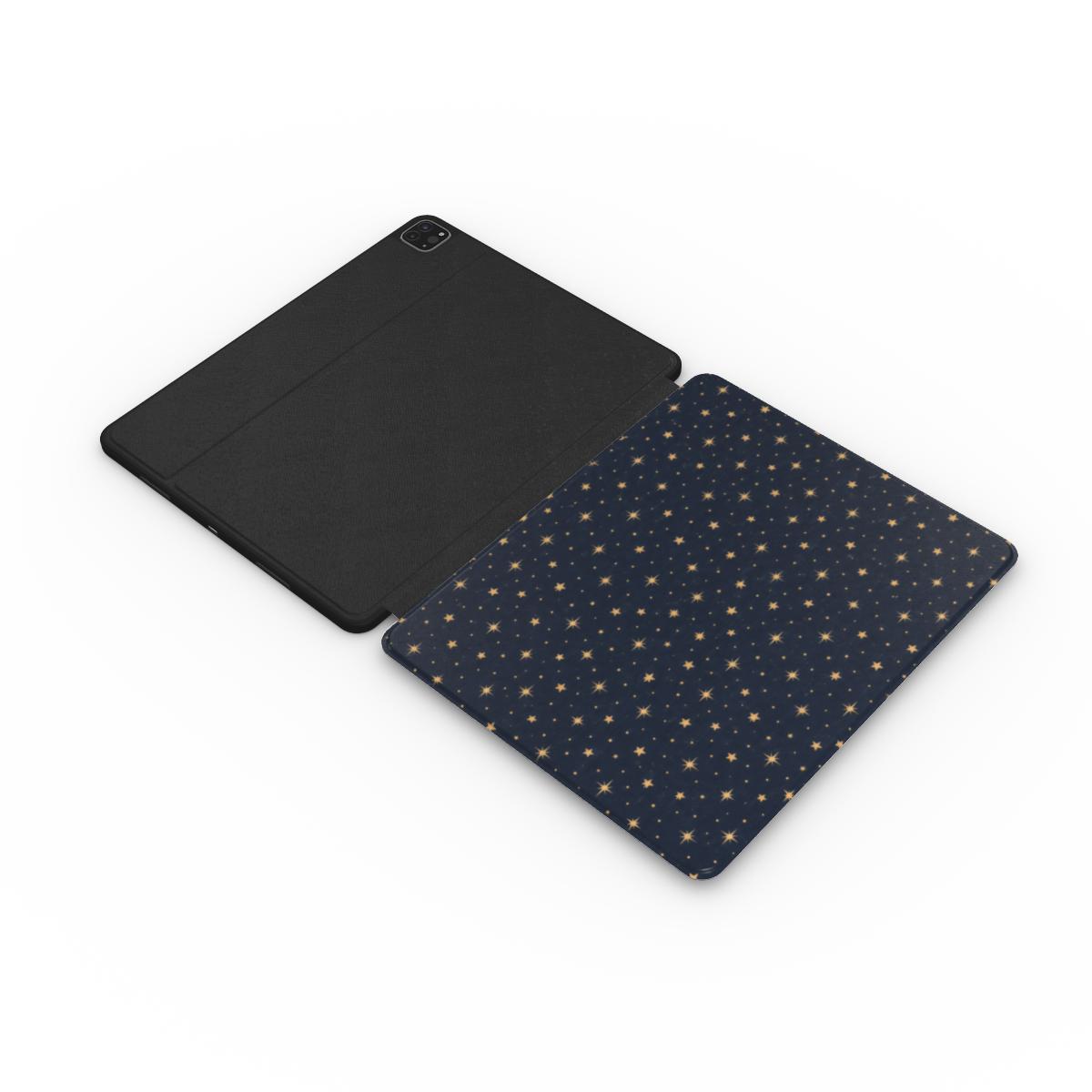 Gold Stars Navy iPad case opened flat — printed front cover with plain black interior