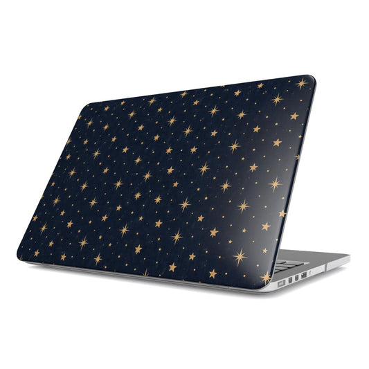 Gold Stars Navy MacBook case — tiny gold stars on deep midnight navy, hard-shell laptop cover, angled lid view